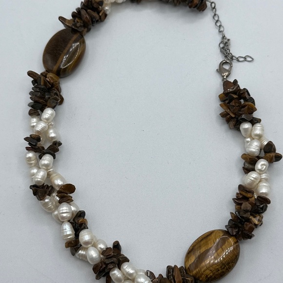 Vintage Natural Pearl And Tiger Eyes Necklace #530 - Picture 5 of 5